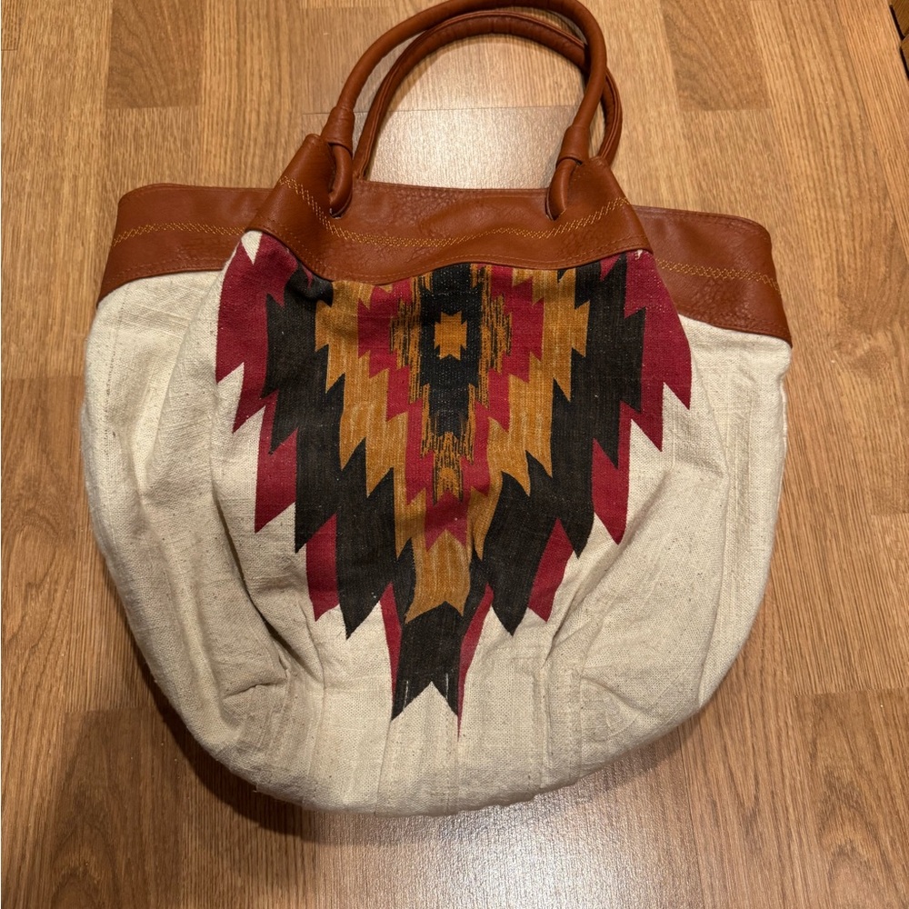 Tribal Canvas Tote Bag with Leather Accents